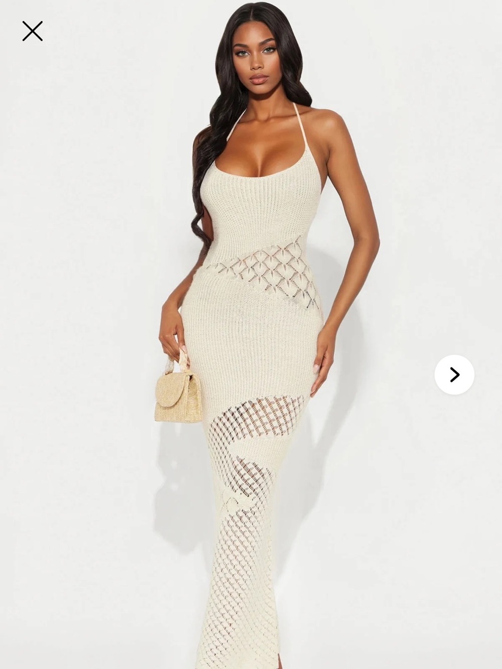 Fashion Nova Sophia tan crotchet knit open back maxi dress